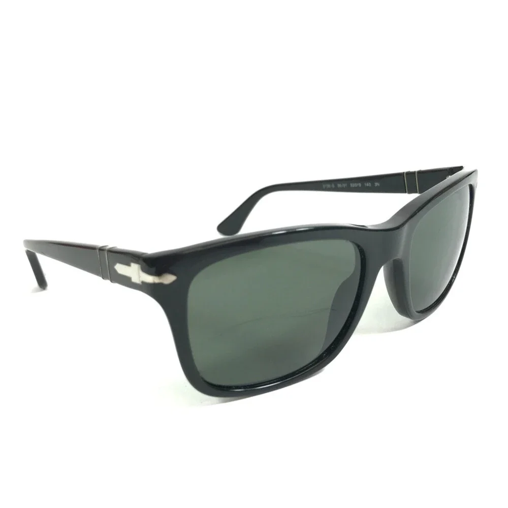 Persol Sunglasses 3135-S 95/31 Shiny Black Silver Square Frames w/ Green Lenses